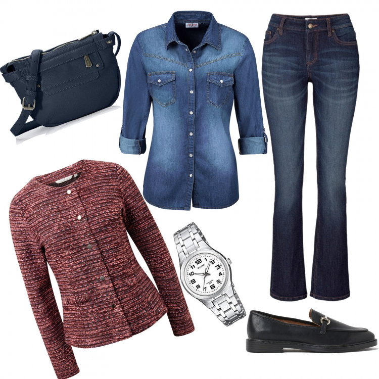 Outfit donna - #56- al supermercato. Stile Trendy per Tutti i giorni. Abbinamento con camicie, jeans bootcut, blazer, mocassini, orologi analogici, borse a tracolla.