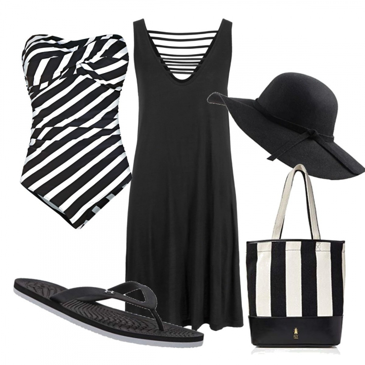 Outfit donna - Trendy #16562. Stile Trendy per Mare. Abbinamento con vestiti da spiaggia, costumi interi, borse tote, cappelli, ciabatte.