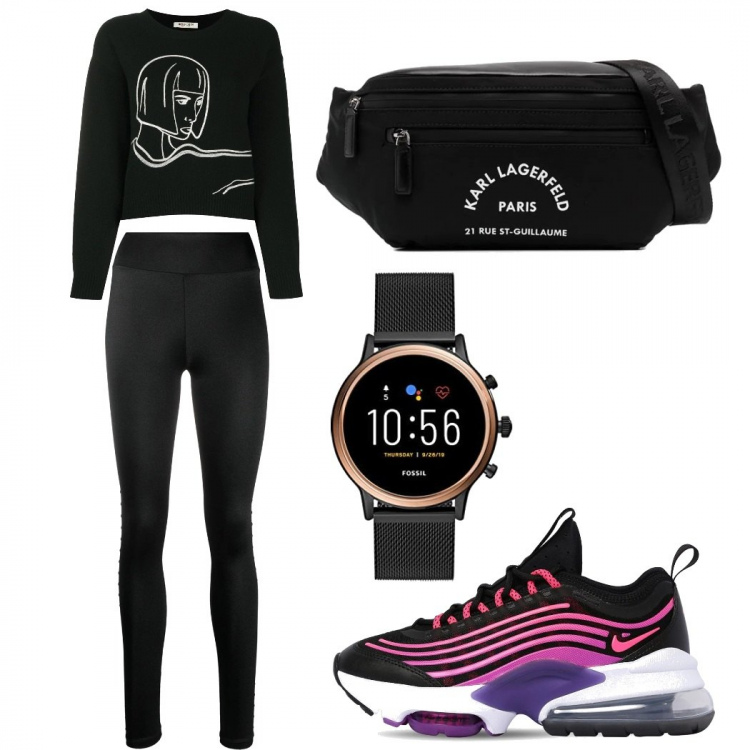 Outfit donna - Sempre al top. Stile Trendy per Sport. Abbinamento con maglioni, leggings, marsupi, sneakers, orologi digitali.