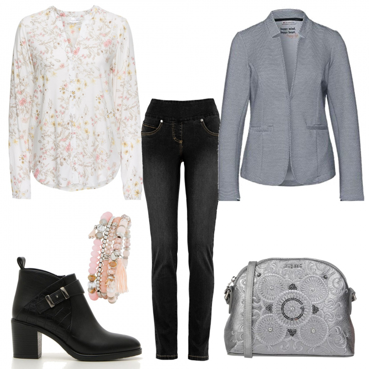 Outfit donna - Colloquio di lavoro. Stile Chic per Ufficio. Abbinamento con camicie, jeans, braccialetti, borse a tracolla, blazer, stivaletti.