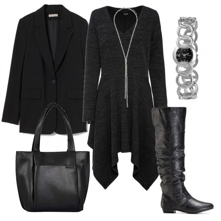 Outfit donna - L\'abito Bodyflirt. Stile Trendy per Tutti i giorni. Abbinamento con stivali sopra il ginocchio, vestiti, collane, orologi analogici, borse tote, blazer.