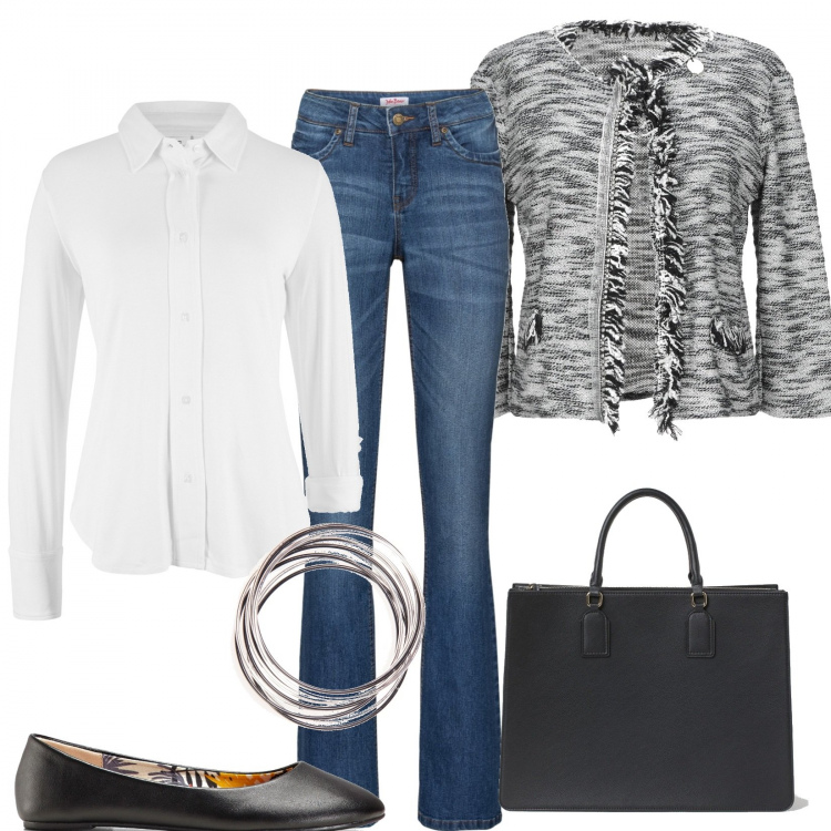 Outfit donna - Jeans e ballerine. Stile Bon Ton per Ufficio. Abbinamento con jeans bootcut, ballerine, pullovers, blazer, braccialetti, shopping bag.