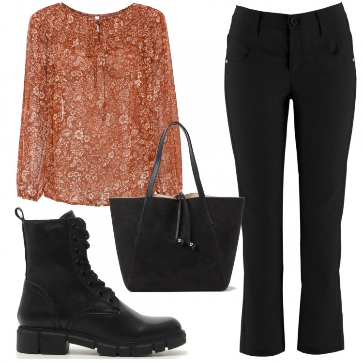 Outfit donna - Orange. Stile Basic per Tutti i giorni. Abbinamento con pantaloni, bluse, stivaletti, shopping bag.