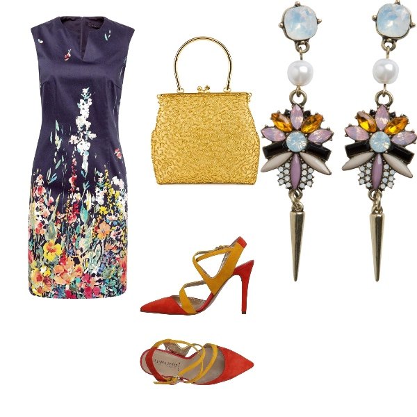 Outfit donna - Chic #6541. Stile Chic per Cerimonia. Abbinamento con clutch farfalla oro, orecchini, vestito navy.