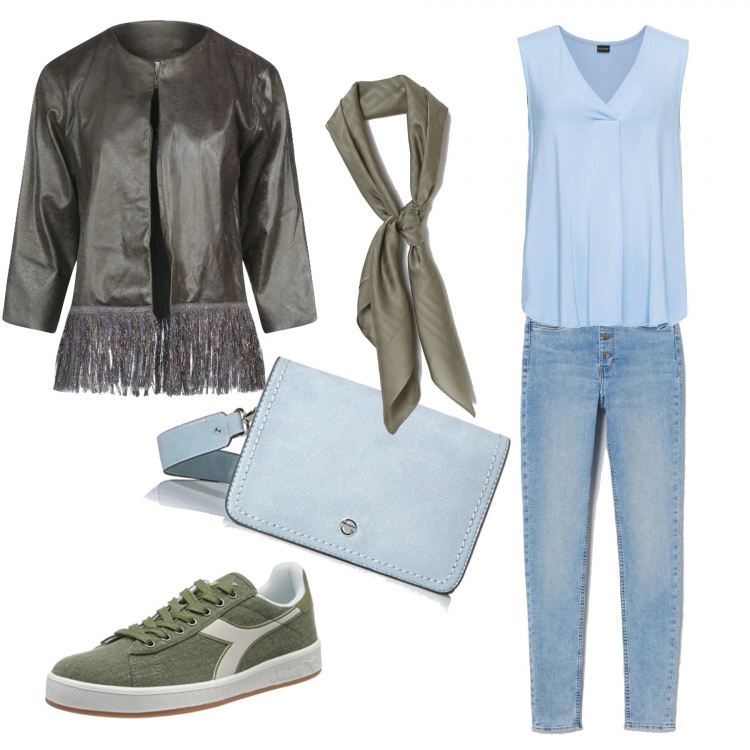 Outfit donna - Sportiva bon ton. Stile Urban per Tutti i giorni. Abbinamento con top, blazer, sneakers, jeans skinny, borse a tracolla, foulard.