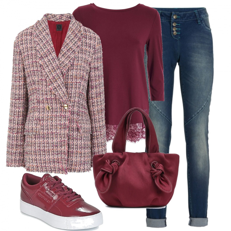 Outfit donna - Voglia di primavera. Stile Trendy per Tutti i giorni. Abbinamento con jeans boyfriend, blazer, maglieria, sneakers, borse a mano.