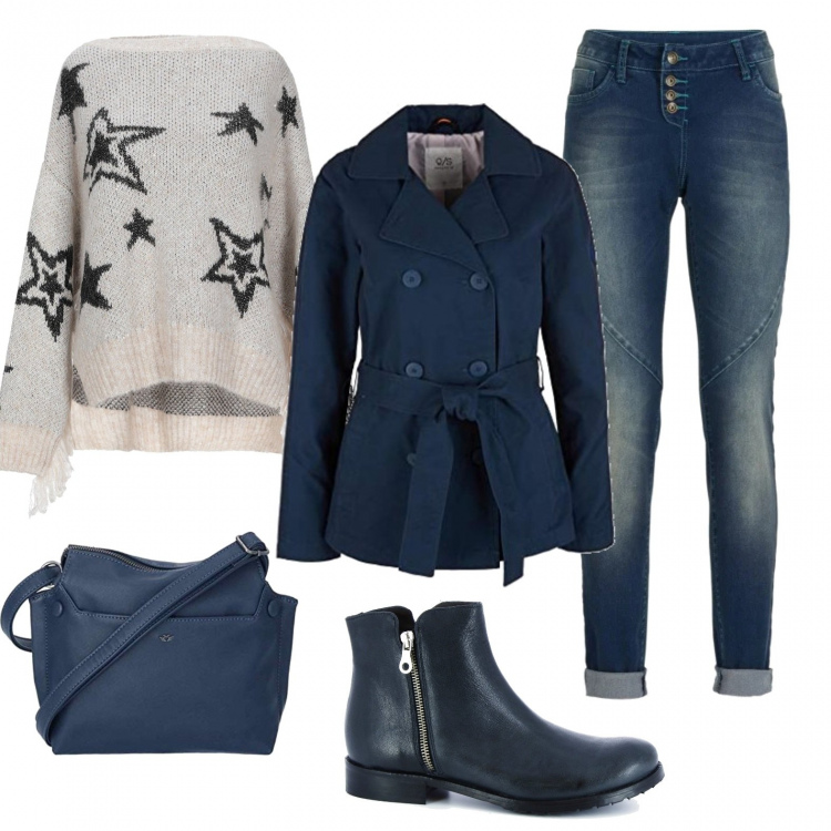 Outfit donna - Il maglione a stelle. Stile Basic per Tutti i giorni. Abbinamento con jeans boyfriend, pullovers, stivaletti, blazer, borse a tracolla.