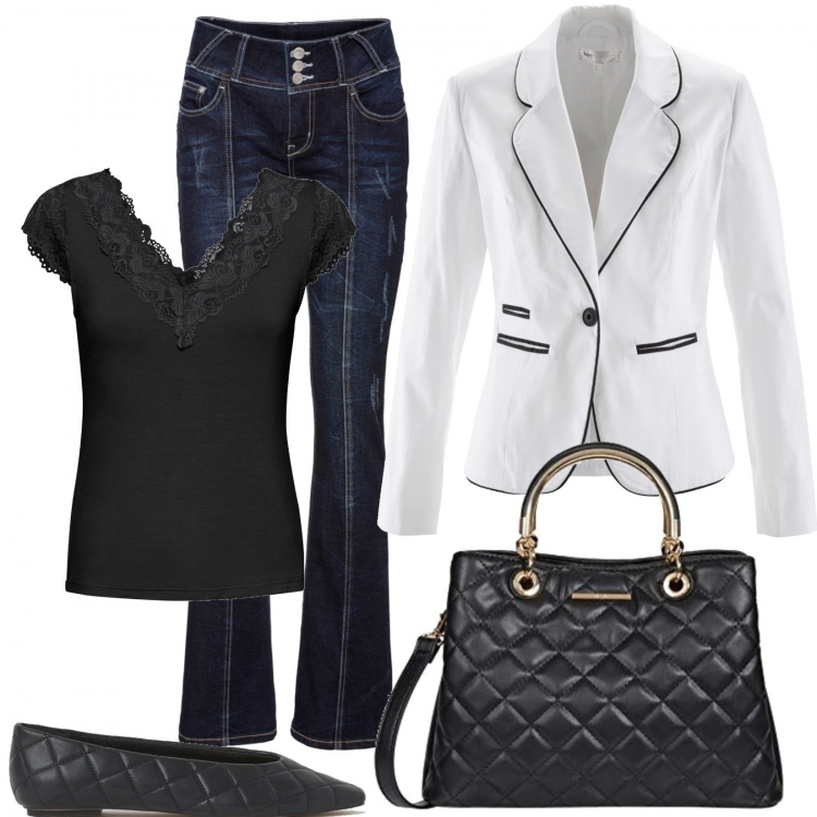 Outfit donna - Pronta per domani. Stile Bon Ton per Ufficio. Abbinamento con jeans bootcut, blazer, maglieria, borse a mano, ballerine.