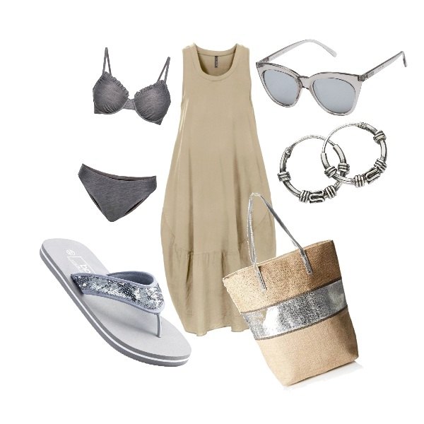 Outfit donna - CMPS Pailettes argento per la spiaggia. Stile Trendy per Mare. Abbinamento con infradito, vestito grigio, occhiali da sole, orecchini argento.