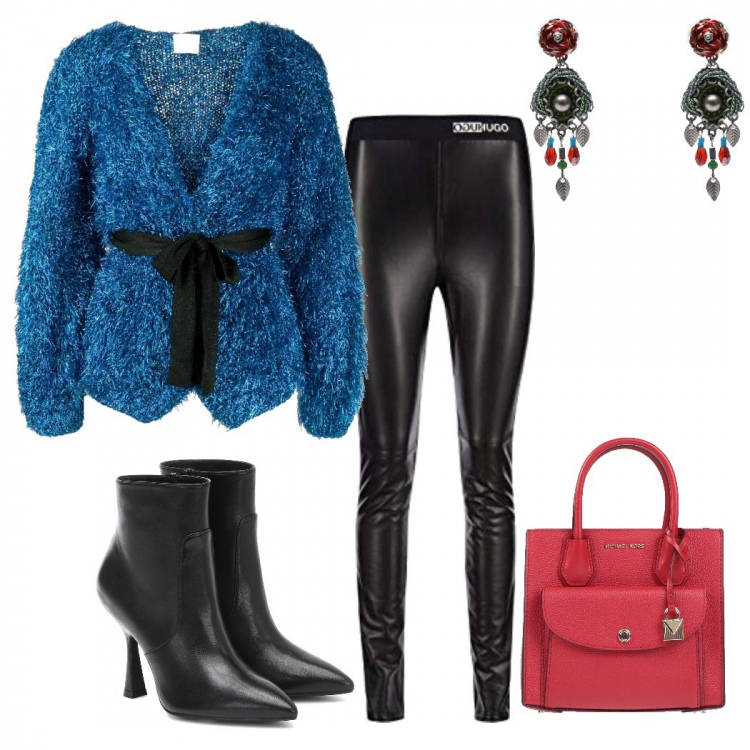 Outfit donna - Nuvola blu. Stile Trendy per Serata fuori. Abbinamento con borse a mano, orecchini, cardigans, pantaloni, stivaletti.