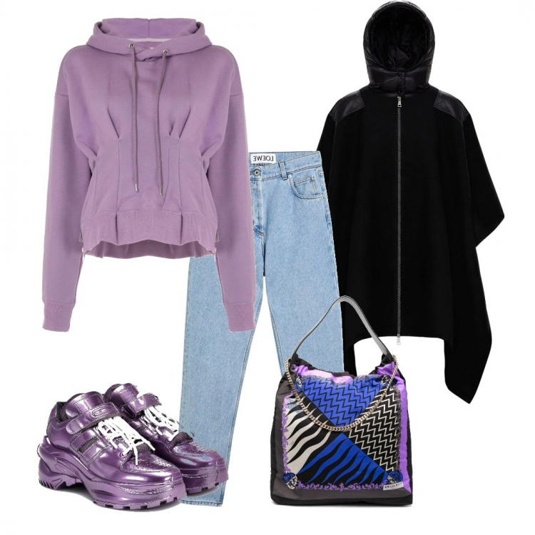 Outfit donna - Semplice lusso. Stile Urban per Tutti i giorni. Abbinamento con borse tote, felpe con cappuccio, sneakers alte, cappe, jeans.