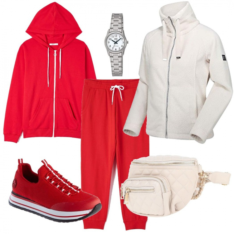 Outfit donna - Curvy red. Stile Urban per Sport. Abbinamento con zaini, pantaloni, felpe con cappuccio, sneakers, blazer, orologi analogici.