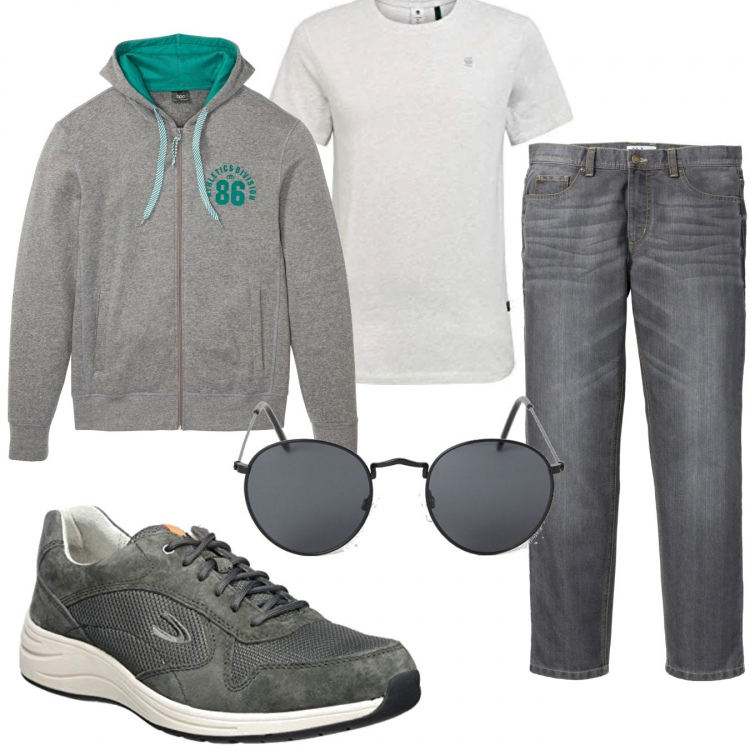 Outfit uomo - Casual #6200. Stile Casual per Tutti i giorni. Abbinamento con jeans dritti, felpe con cappuccio, sneakers, t-shirt, occhiali da sole.