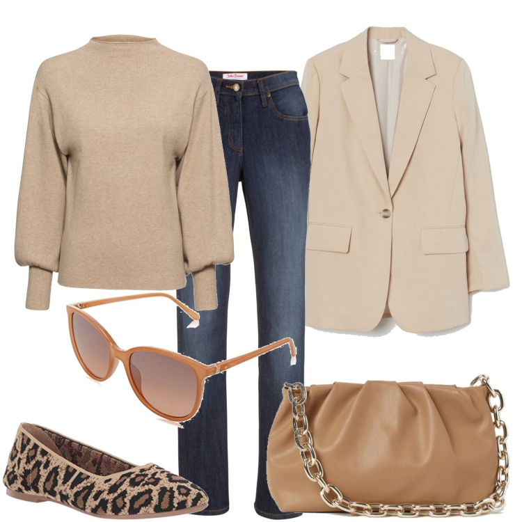 Outfit donna - La ballerina maculata. Stile Trendy per Ufficio. Abbinamento con jeans dritti, maglieria, blazer, ballerine, borse a tracolla, occhiali da sole.