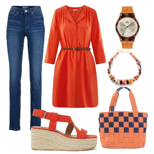 Outfit donna - Oggi esco a spasso!. Stile Basic per Tutti i giorni. Abbinamento con jeans, collane, borse a mano, vestiti midi/longuette, sandali col tacco, orologi analogici.