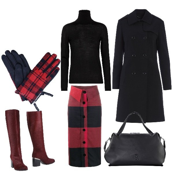 Outfit donna - #96- tartan gonna e guanti. Stile Trendy per Tutti i giorni. Abbinamento con stivali, cappotti, guanti, gonne longuette, borse a mano, pullovers.