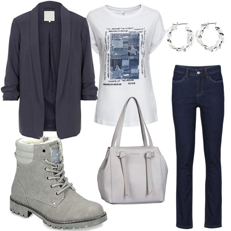 Outfit donna - Look per l\'Università. Stile Basic per Scuola/Università. Abbinamento con jeans, orecchini, maglieria, blazer, shopping bag, stivaletti.