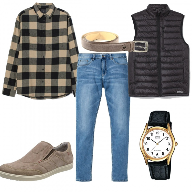 Outfit uomo - Camicia casual. Stile Casual per Tutti i giorni. Abbinamento con jeans, cinture, gilet, orologi analogici, camicie, scarpe stringate.