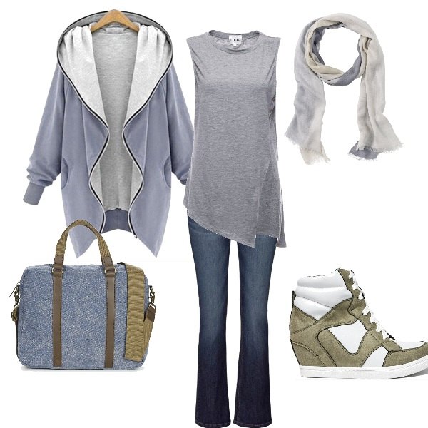 Outfit donna - Impegno e felicità. Stile Rock per Tutti i giorni. Abbinamento con jeans bootcut, sciarpina argento, borsa blu, maglia forma asimmetrica lunga con orlo, felpa oversize con cappuccio jersey.