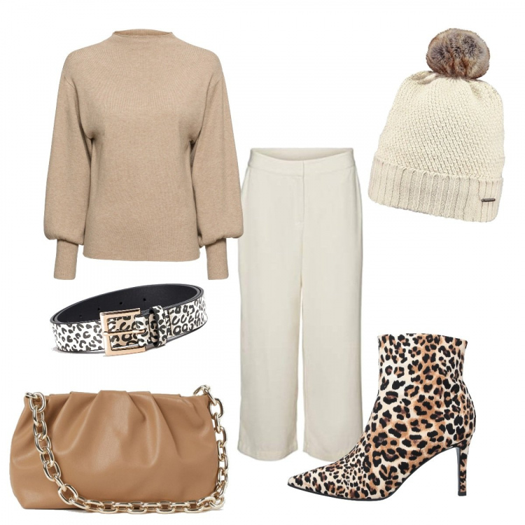 Outfit donna - Un tocco animalier. Stile Basic per Tutti i giorni. Abbinamento con maglieria, stivaletti, cinture, pantaloni culotte, borse a tracolla, cappelli.