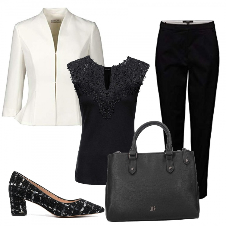 Outfit donna - Classica in bianco e nero. Stile Chic per Ufficio. Abbinamento con top, borse a mano, décolleté, pantaloni, blazer.