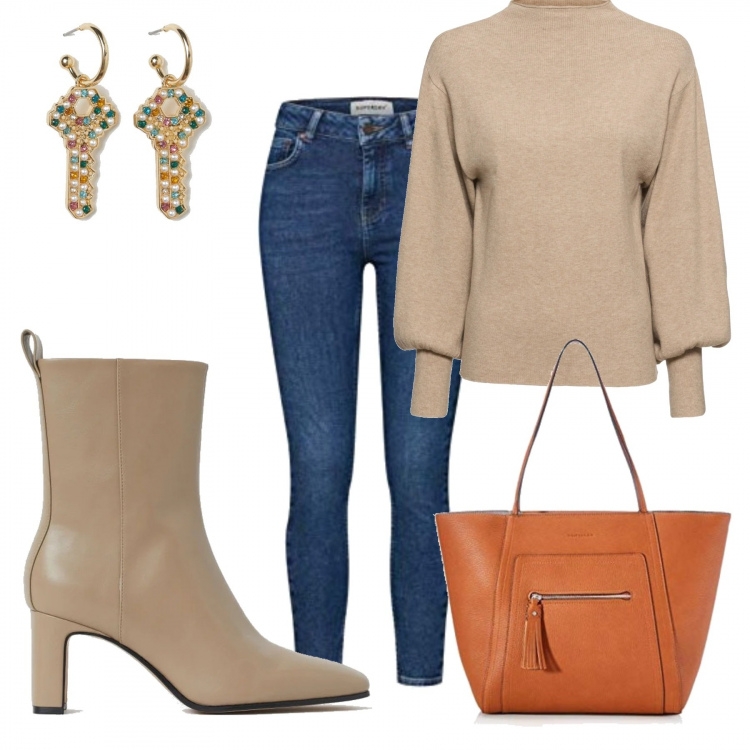 Outfit donna - Basic #9381. Stile Basic per Tutti i giorni. Abbinamento con maglieria, jeans skinny, shopping bag, stivaletti, orecchini.