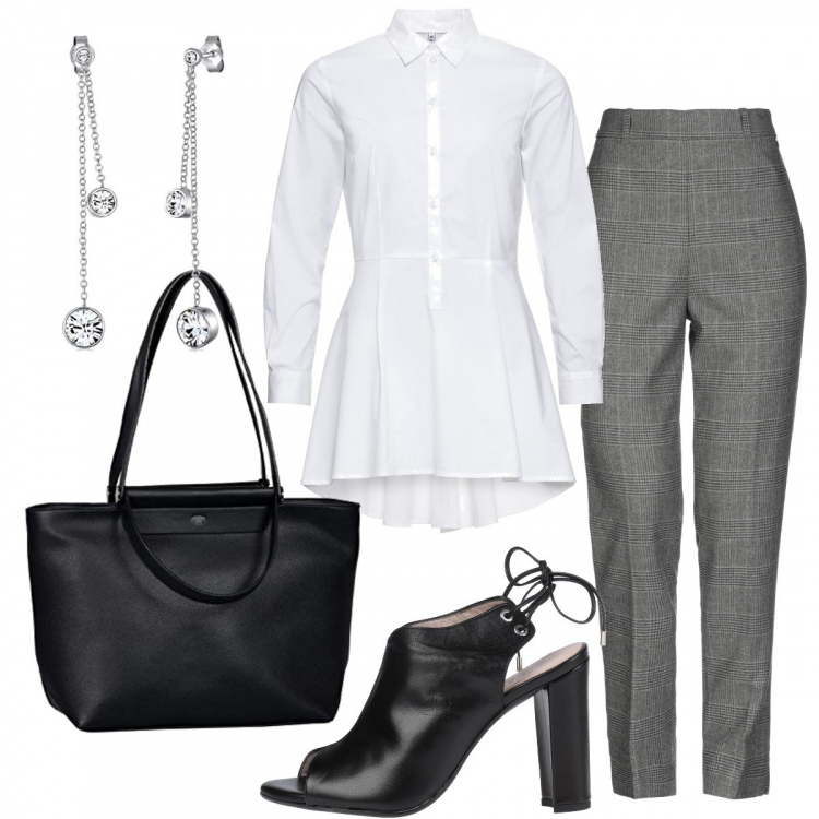 Outfit donna - Bon Ton #5153. Stile Bon Ton per Ufficio. Abbinamento con camicie, pantaloni, sandali col tacco, borse tote, orecchini.
