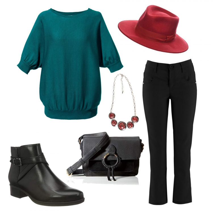 Outfit donna - Maglione + Pantalone. Stile Trendy per Tutti i giorni. Abbinamento con pantaloni, maglieria, collane, stivaletti, cappelli, borse a tracolla.