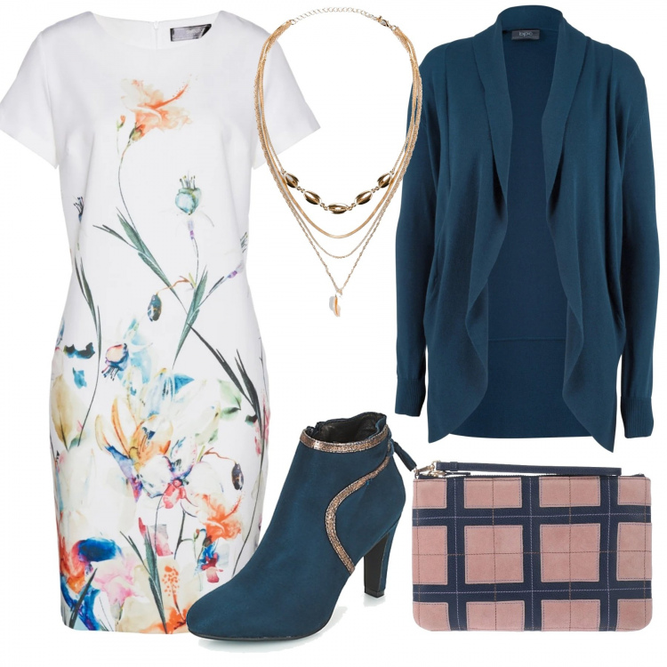 Outfit donna - Curvy in tubino aspettando la primavera. Stile Bon Ton per Serata fuori. Abbinamento con cardigans, vestiti a tubino, ciondoli, borse a mano, stivaletti.