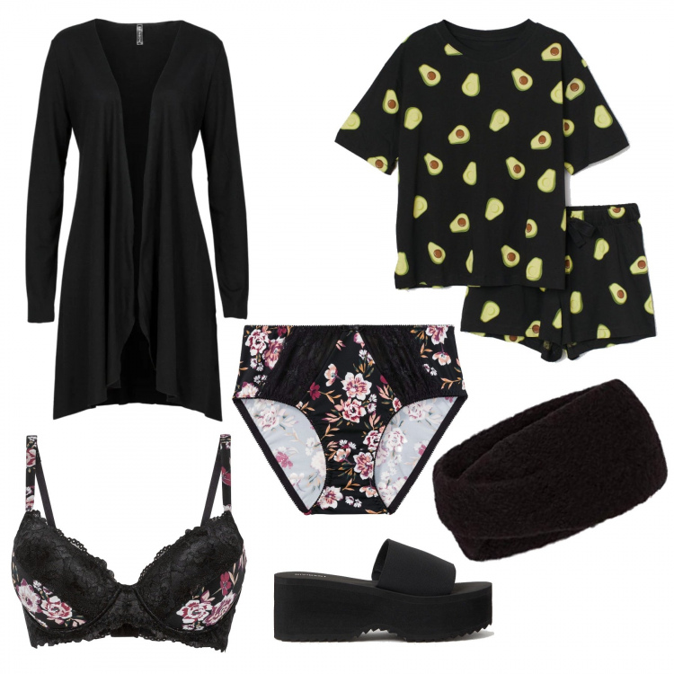 Outfit donna - Ancora in Smart Working. Stile Sexy per Tutti i giorni. Abbinamento con gonne, cardigans, reggiseni, pigiama, fasce per capelli, ciabatte.