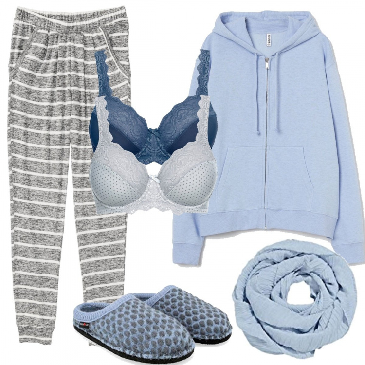 Outfit donna - Oggi non esco. Stile Basic per Tutti i giorni. Abbinamento con reggiseni, cappelli con visiera, felpe con cappuccio, ciabatte, sciarpe.