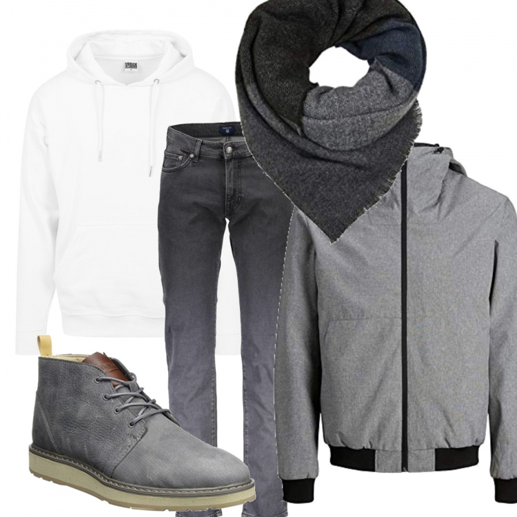 Outfit uomo - In valigia per una vacanza invernale. Stile Casual per Tutti i giorni. Abbinamento con jeans, giacche, felpe con cappuccio, sneakers, sciarpe.