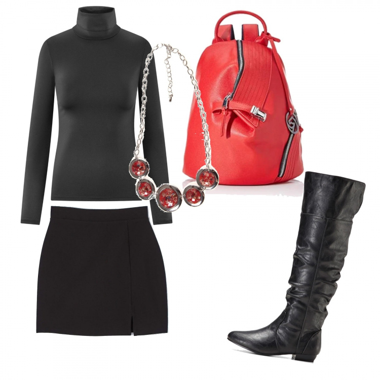 Outfit donna - Trendy #17440. Stile Trendy per Tutti i giorni. Abbinamento con stivali sopra il ginocchio, minigonne, collane, zaini, maglieria.