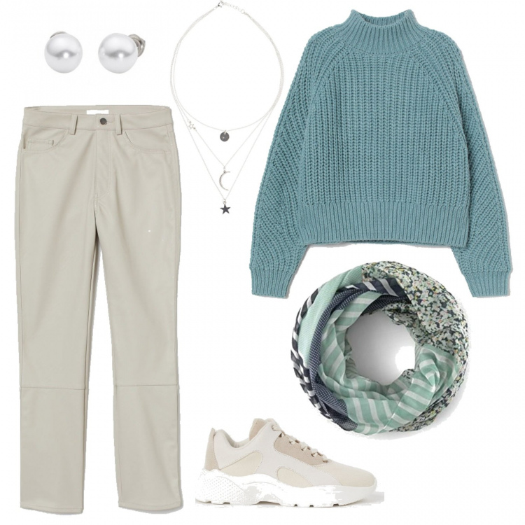 Outfit donna - Pronta per una passeggiata?. Stile Basic per Tutti i giorni. Abbinamento con collane, orecchini, pullovers, sneakers, pantaloni, sciarpe.