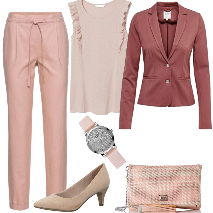 Outfit donna - Chic in rosa. Stile Chic per Tutti i giorni. Abbinamento con pantaloni, blazer, top, borse a tracolla, décolleté, orologi analogici.