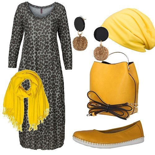 Outfit donna - Una passeggiata sul lungomare. Stile Trendy per Tutti i giorni. Abbinamento con vestiti midi/longuette, orecchini, borse a tracolla, ballerine, berretti, sciarpe.