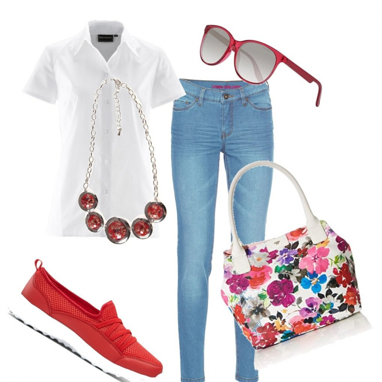Outfit donna - Rouge et jeans de Bonprix. Abbinamento con camicie a manica corta, jeans skinny, sneakers, collane, borse tote, occhiali da sole.