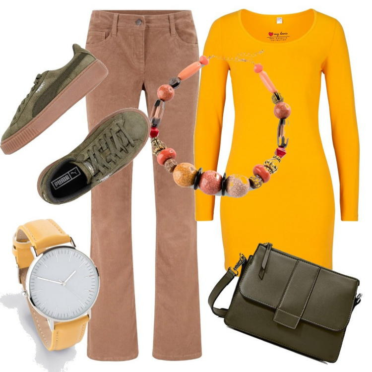Outfit donna - Ispirandosi a una collana. Abbinamento con pantaloni, vestiti, collane, orologi, sneakers, borse a tracolla.