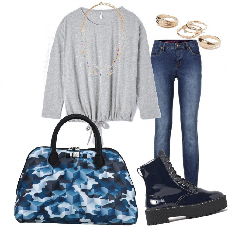 Outfit donna - Gli anfibi blu. Stile Trendy per Scuola/Università. Abbinamento con jeans skinny, borse a mano, t-shirt, stivaletti, anelli, collane.