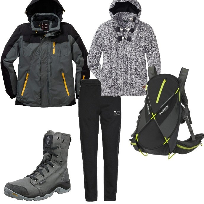 Outfit uomo - Ciaspolata al rifugio di montagna. Stile Trendy per Sport. Abbinamento con maglieria, giacche, pantaloni, scarpe sportive, borse sportive.