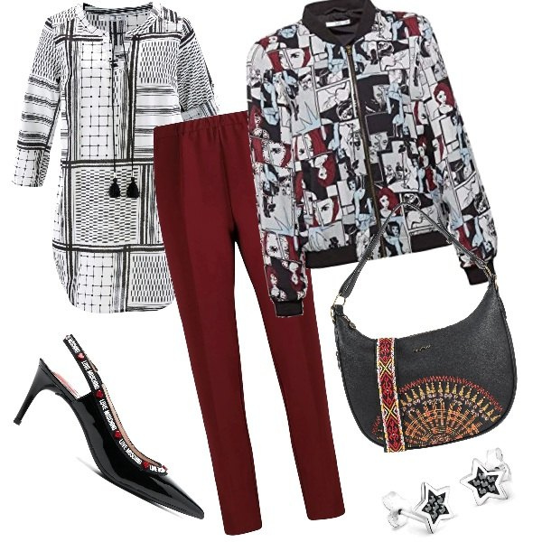 Outfit donna - 118- mix rossobianconero. Stile Trendy per Ufficio. Abbinamento con tuniche, borse a spalla, pantaloni, décolleté, orecchini, blazer.