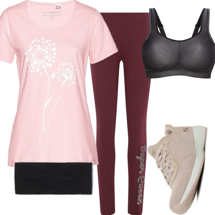 Outfit donna - Corsa al parco. Stile Basic per Sport. Abbinamento con reggiseni, t-shirt, sneakers, leggings, fasce per capelli.
