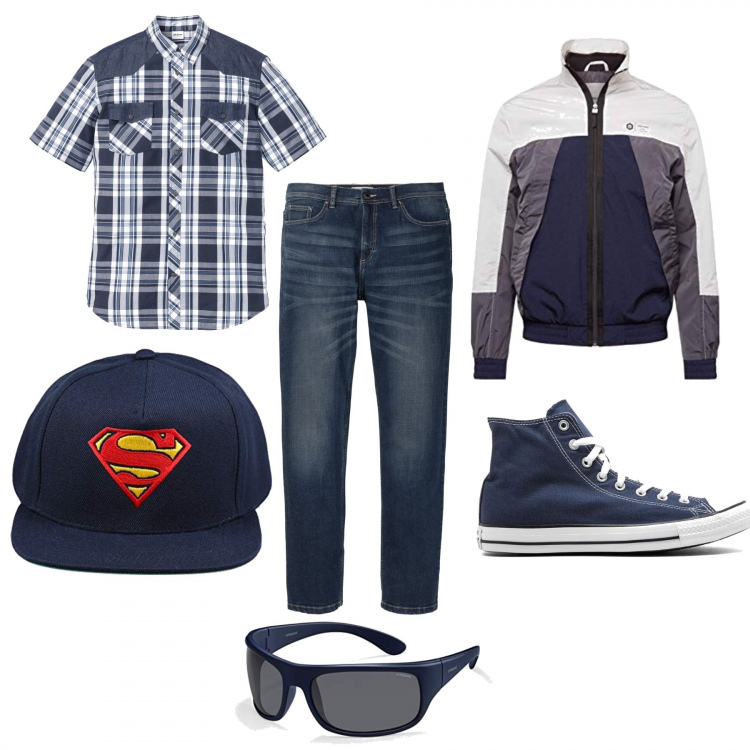 Outfit uomo - Fan della DC. Stile Urban per Tutti i giorni. Abbinamento con camicie a manica corta, jeans dritti, sneakers alte, bomber, cappelli con visiera, occhiali da sole.
