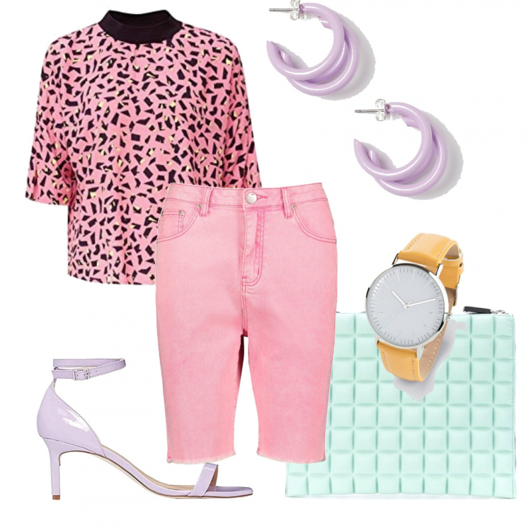 Outfit femme - Memphis casual chic. Style Tendance pour Bureau. Assortir avec montres, tuniques, pochette, short, sandales à talon, boucles d'oreilles.