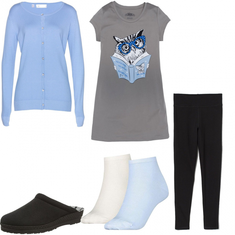 Outfit donna - Non gufare e lasciami dormire. Stile Basic per Tutti i giorni. Abbinamento con camicie da notte, cardigans, leggings, calzini, ciabatte.