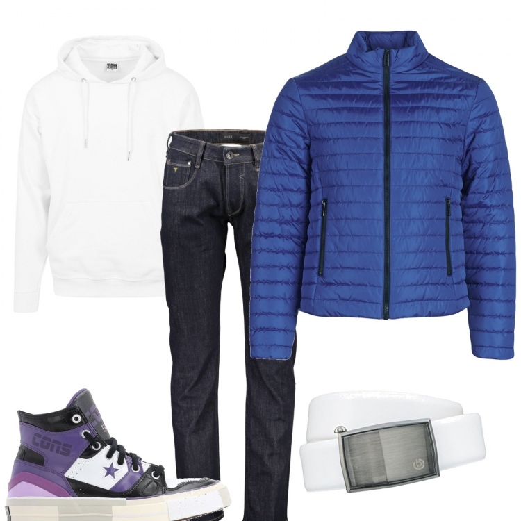 Outfit uomo - Ultime chance per i piumini. Stile Casual per Tutti i giorni. Abbinamento con jeans, piumini, sneakers, cinture, felpe con cappuccio.