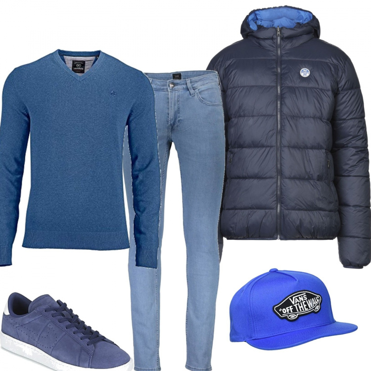 Outfit uomo - Ultime chance per i piumini. Stile Casual per Tutti i giorni. Abbinamento con sneakers, jeans, piumini, pullovers, cappelli con visiera.