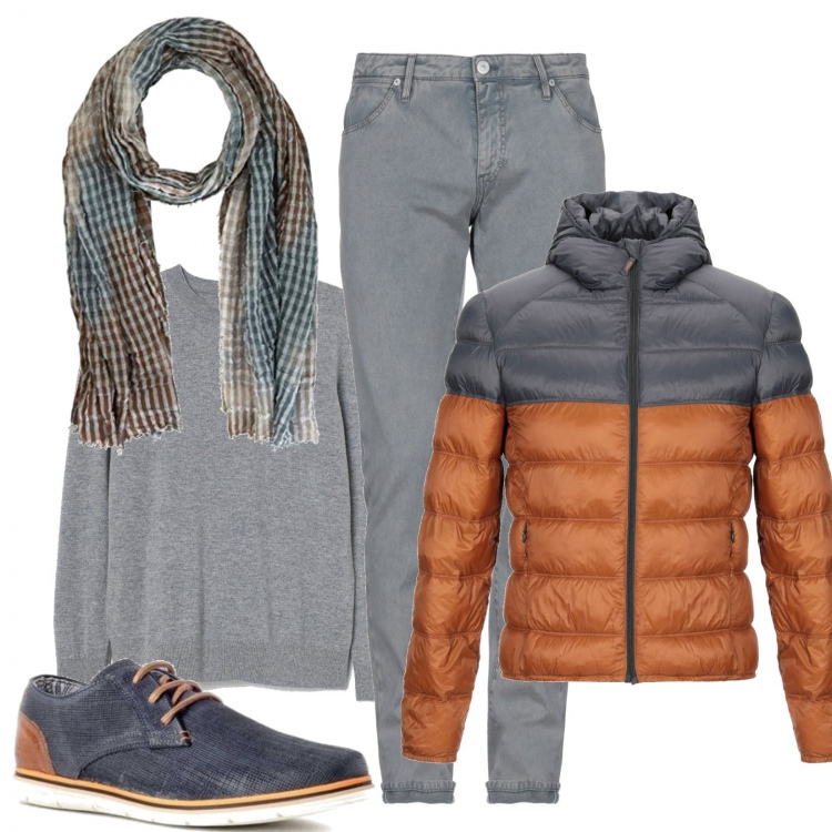 Outfit uomo - Ultime chance per i piumini. Stile Casual per Tutti i giorni. Abbinamento con scarpe stringate, piumini, pantaloni, sciarpe, pullovers.