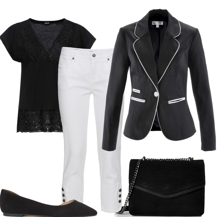 Outfit donna - Il blazer bianco e nero. Stile Bon Ton per Ufficio. Abbinamento con maglieria, jeans slim fit, blazer, borse a tracolla, ballerine.