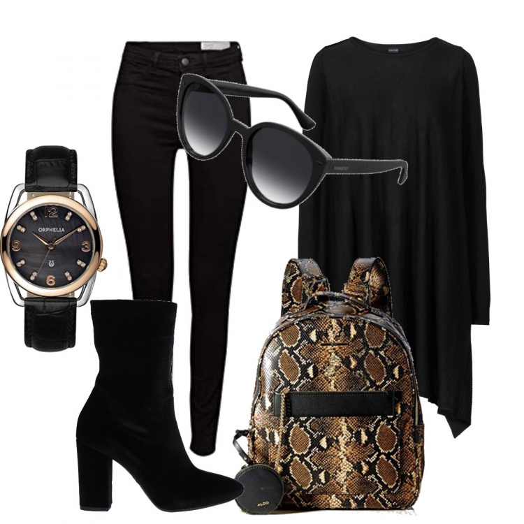 Outfit donna - Zainetto e occhiali glam. Stile Trendy per Tutti i giorni. Abbinamento con stivaletti, maglieria, zaini, orologi analogici, jeans, occhiali da sole.